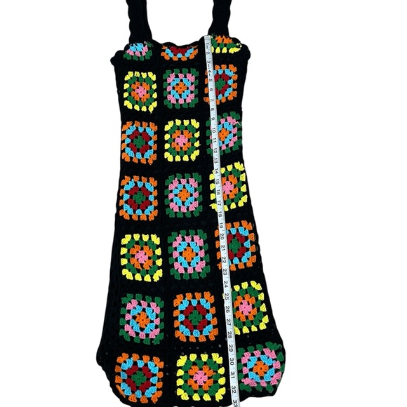 Emma & Posh Granny Square Black Mulicolor Afgan Crochet Boho Sheath Dress Small - Picture 3 of 7